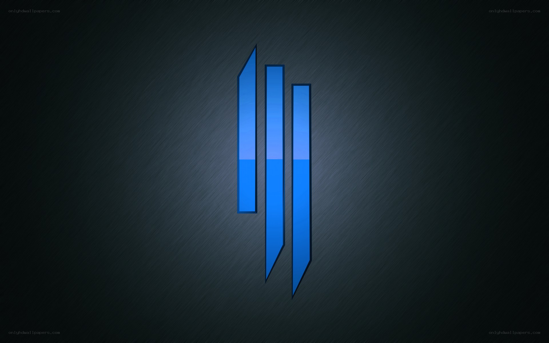 blue logo on dark background