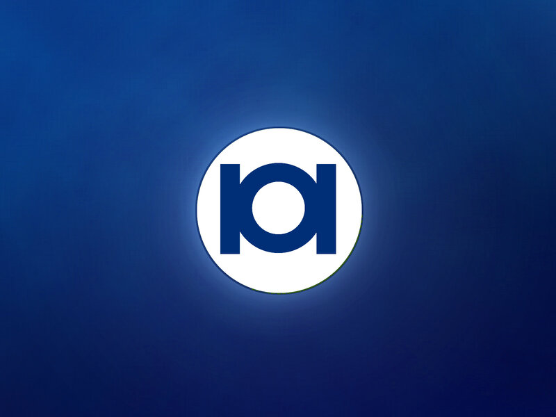 blue logo on dark background