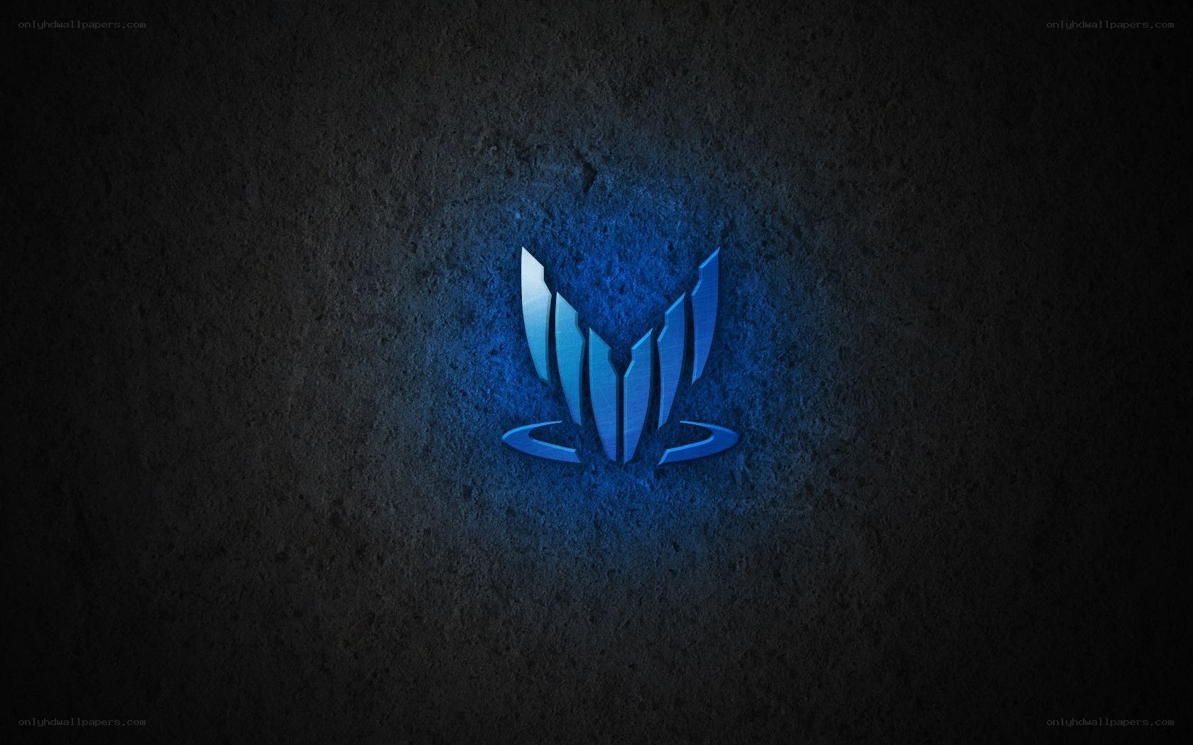 blue logo on dark wall