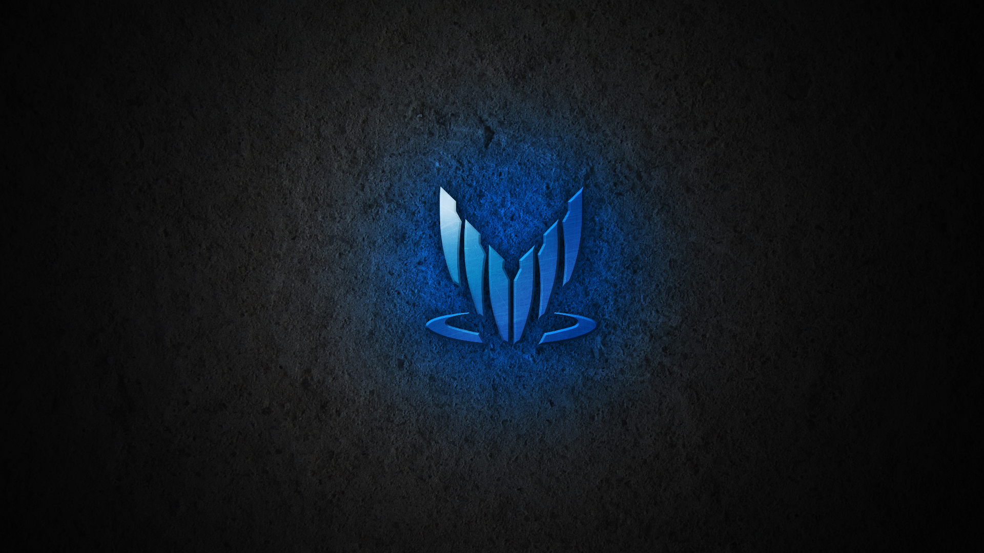 blue logo on dark wall