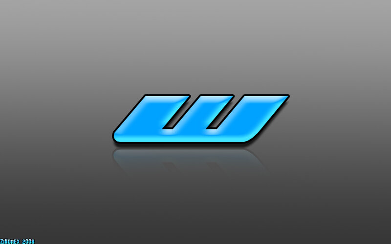 blue logo on gray background