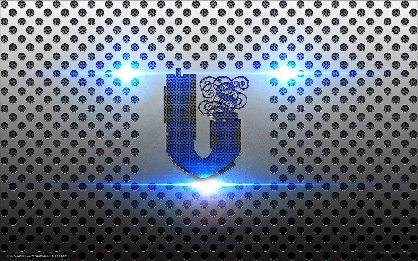 blue logo on perforated metal