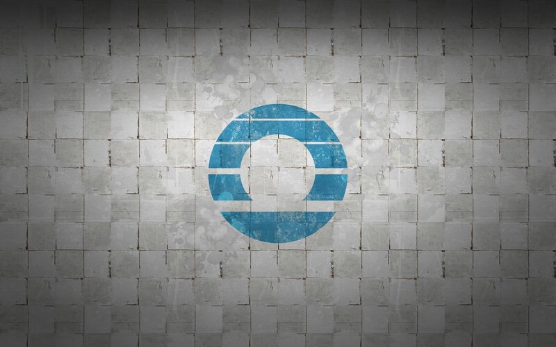 blue logo on tiled wall
