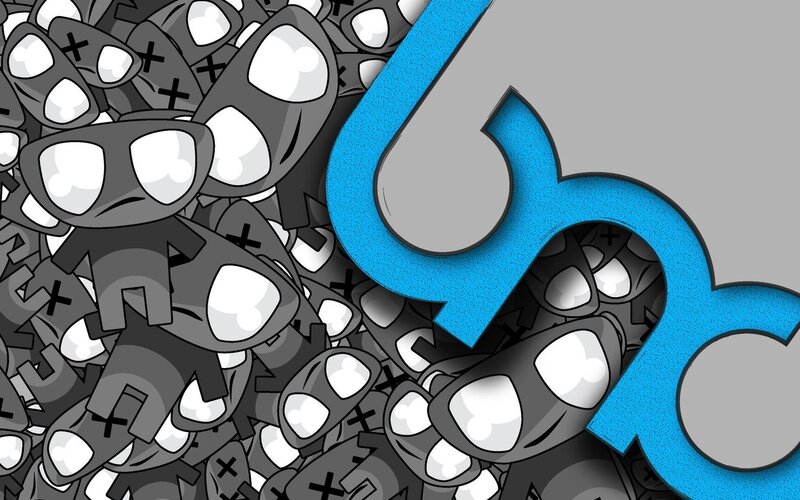 Blue logo over gray figures