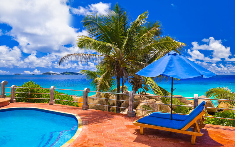Blue Lounge Chair by Pool — Serene, Afternoon