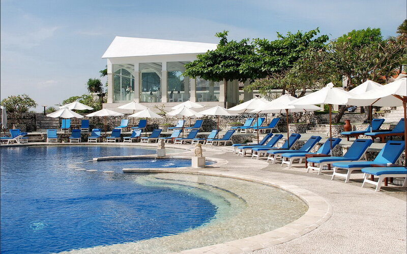 Blue Lounge Chairs by Pool — Serene, Afternoon