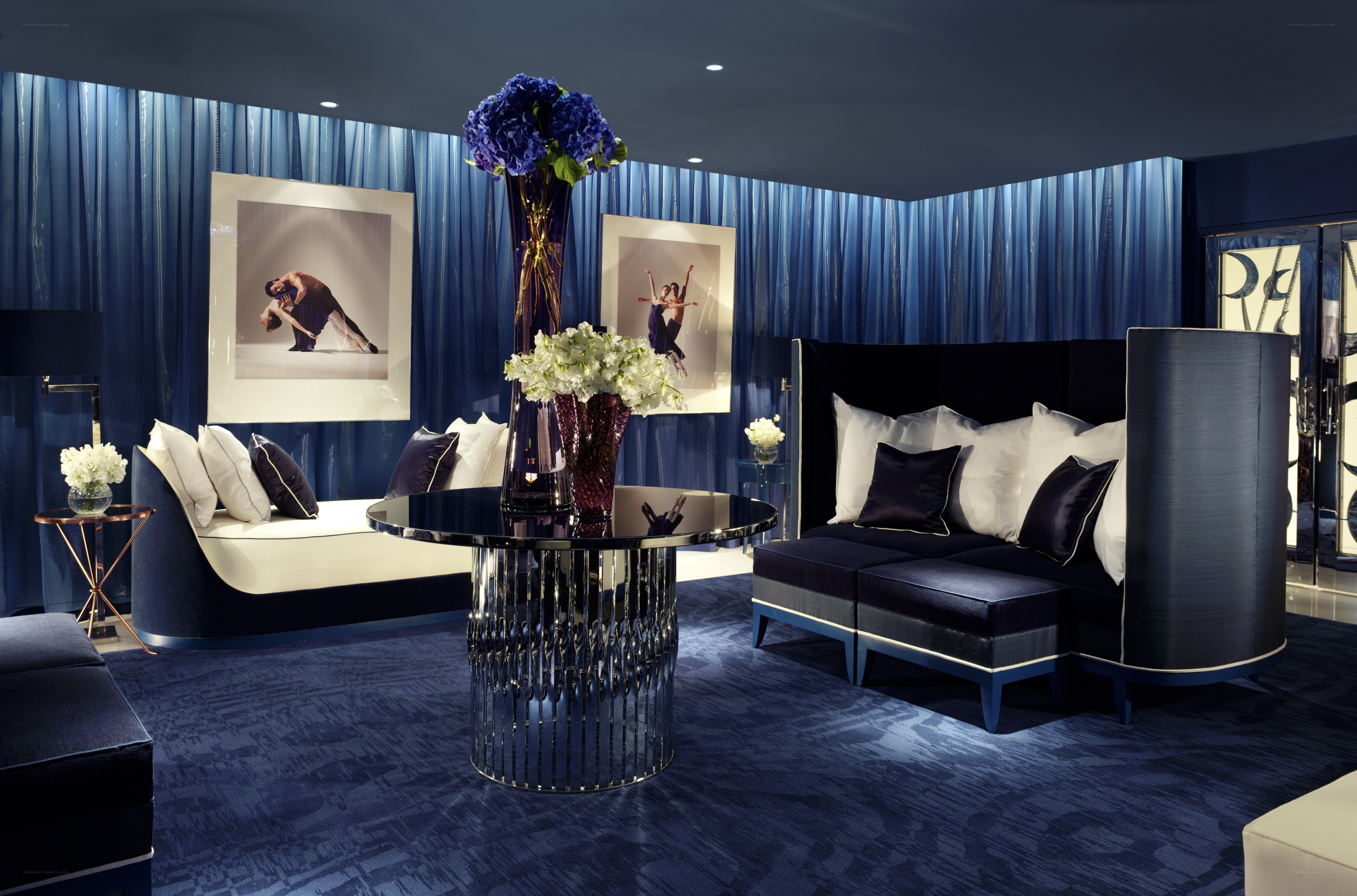 Blue lounge with modern furniture