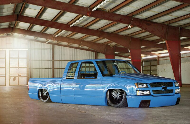 Blue Lowered Pickup Truck — Dramatic