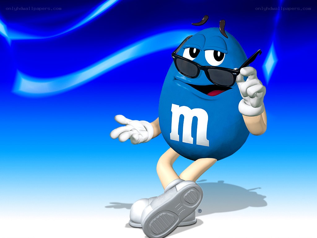 Blue M&M character with sunglasses