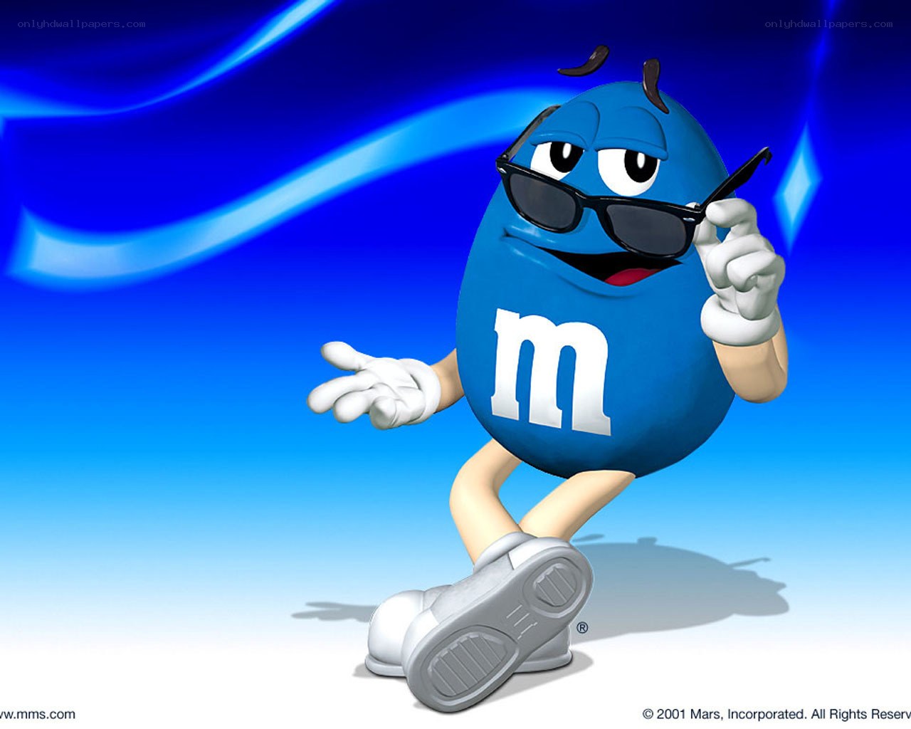 Blue M&M character with sunglasses