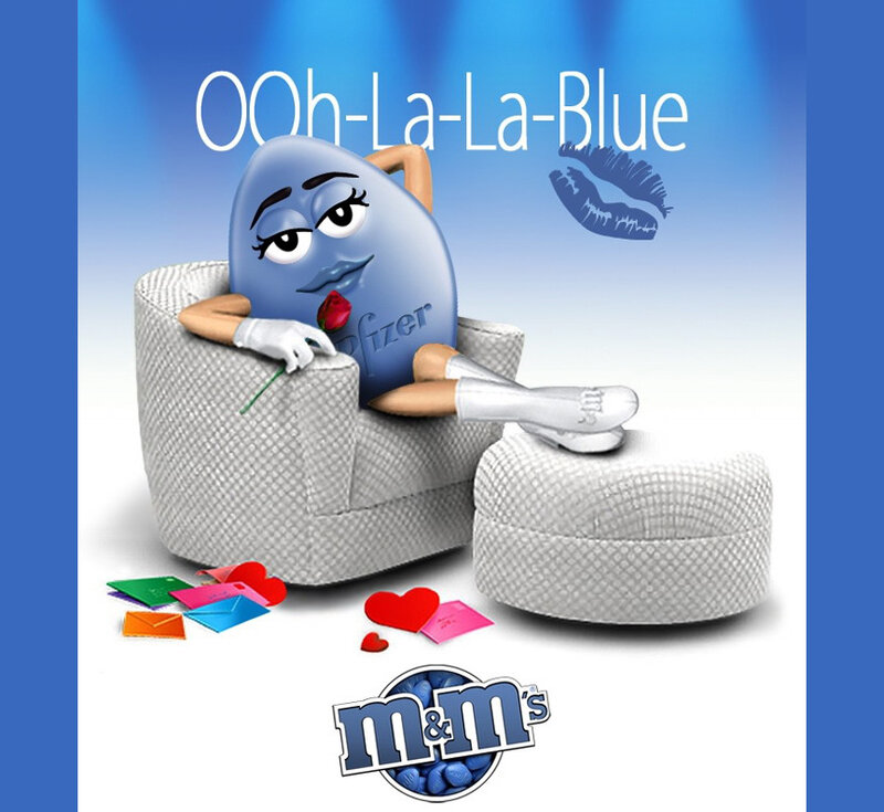 Blue M&M in a chair