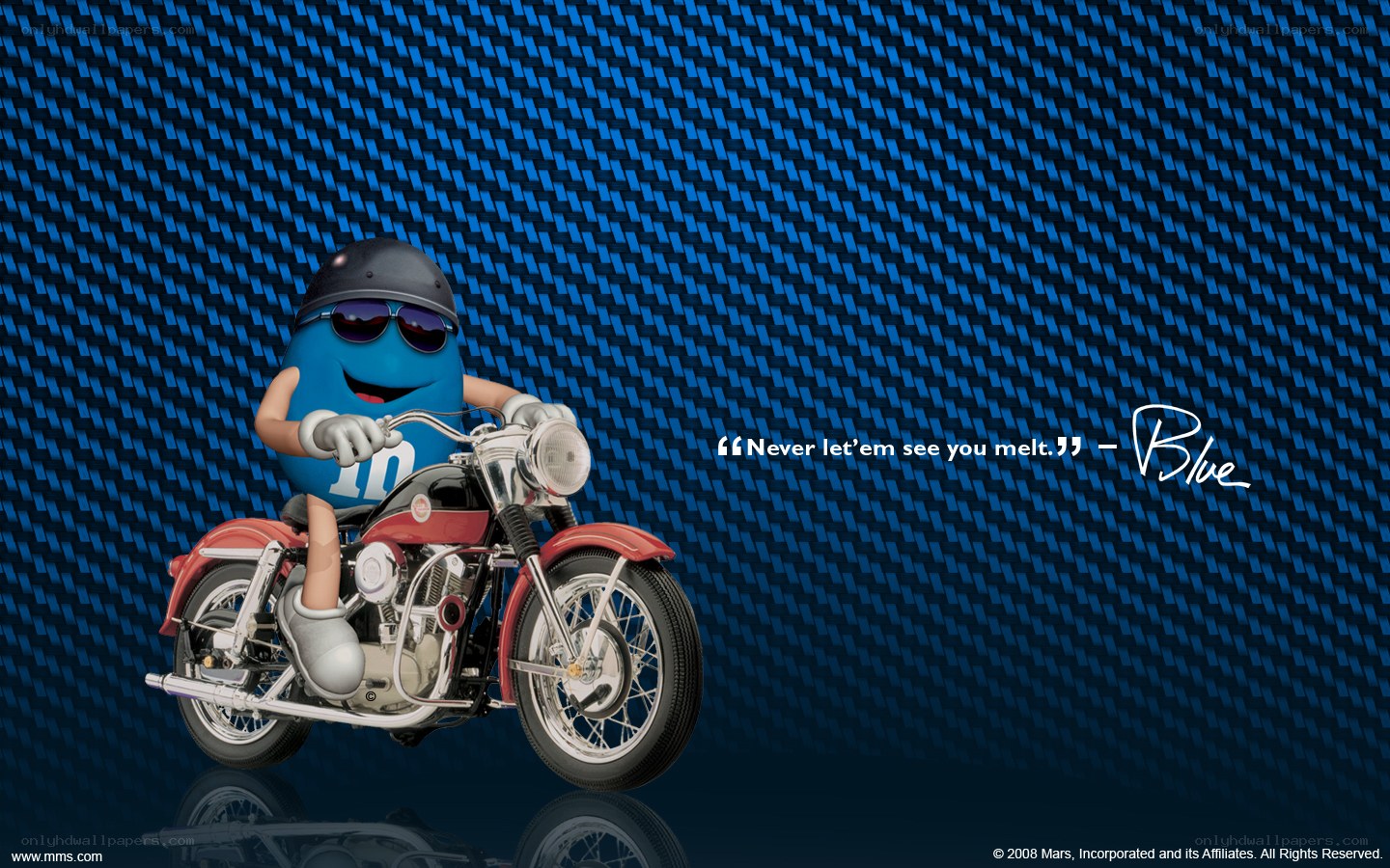 Blue M&M on a motorcycle