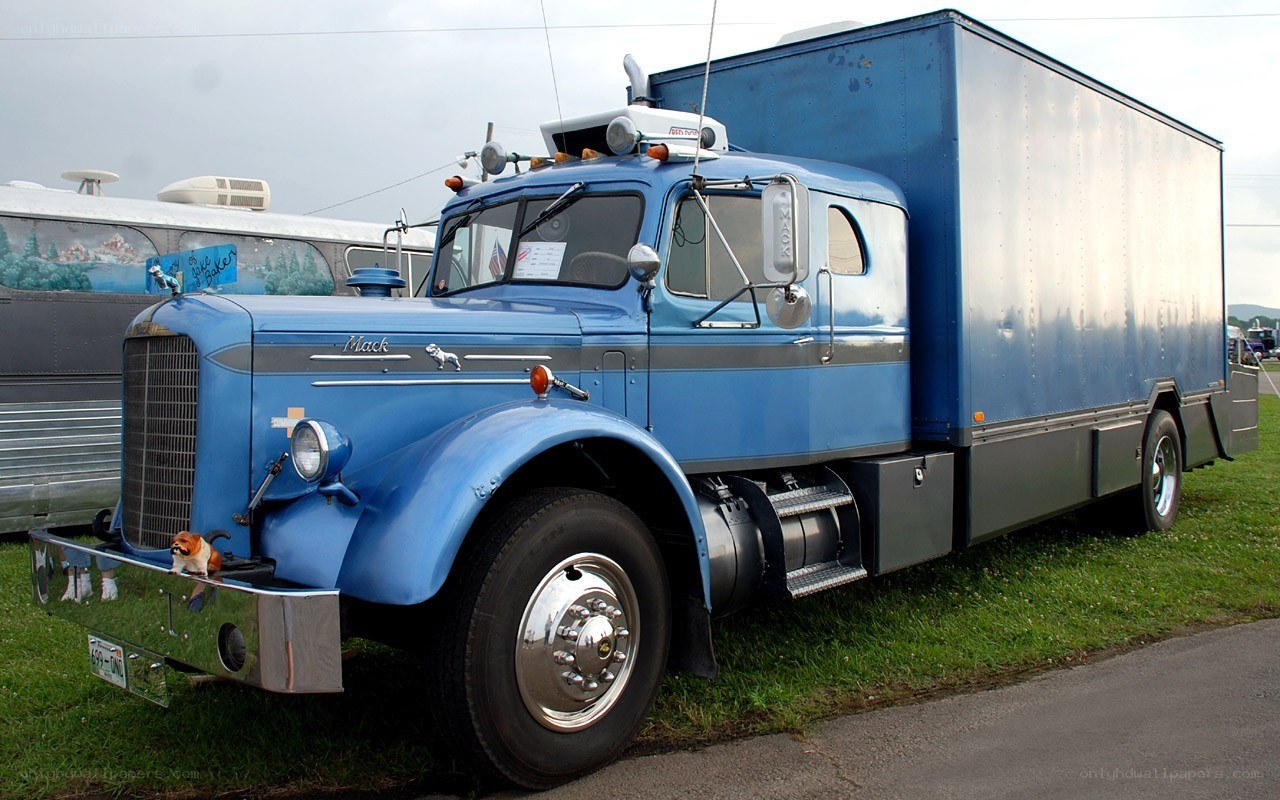 Blue Mack truck on display