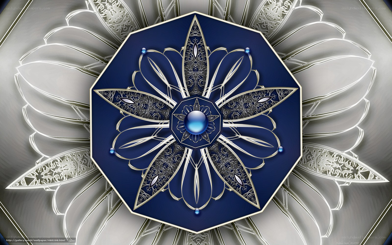 blue mandala with silver filigree