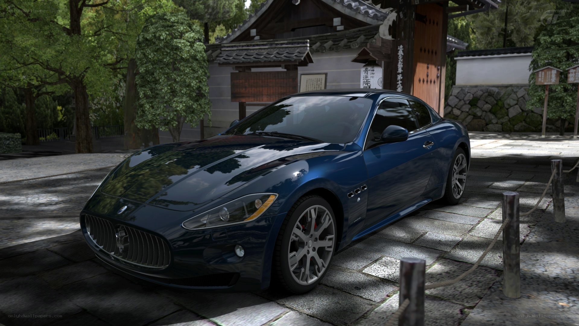 Blue Maserati at a temple