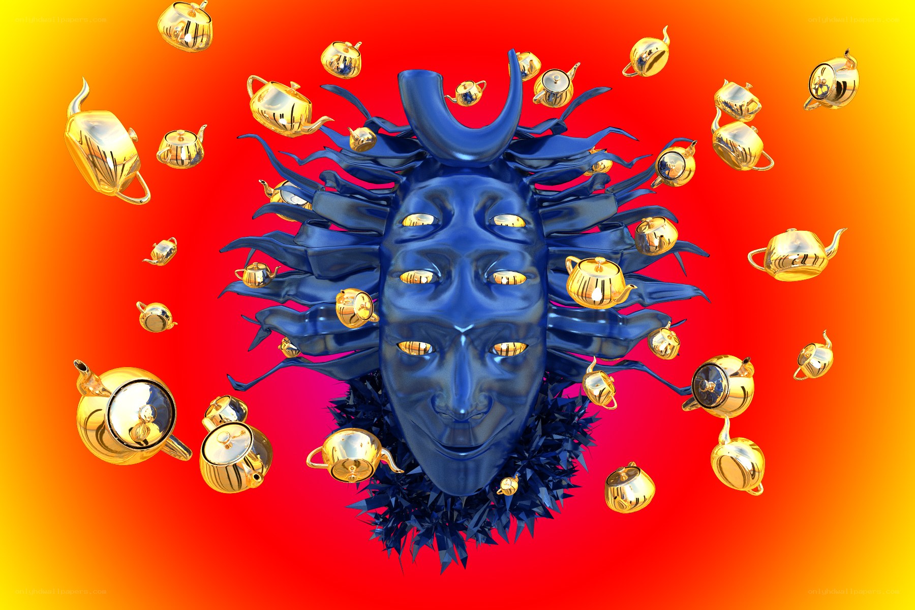 Blue mask with golden teapots