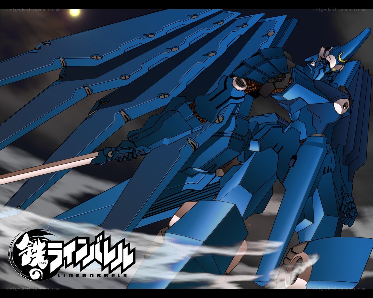Blue mecha in combat stance