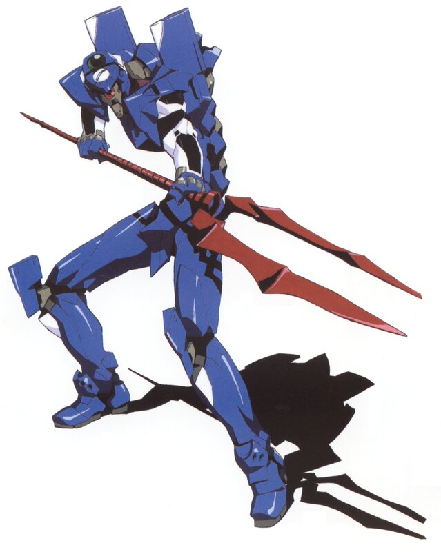 Blue mecha with red weapon