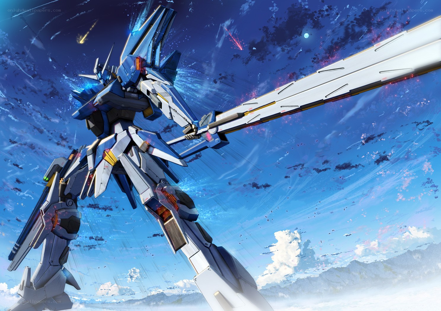 Blue mecha with sword in sky