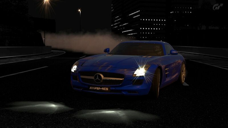 blue mercedes amg at night