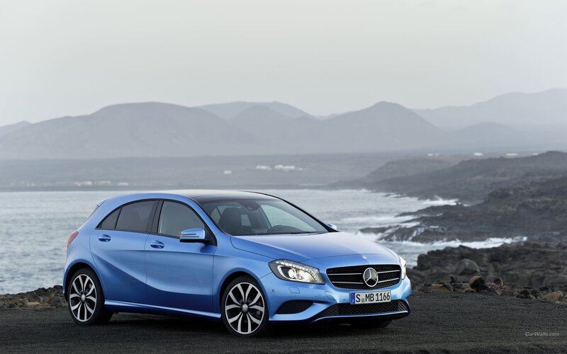 blue mercedes-benz a-class