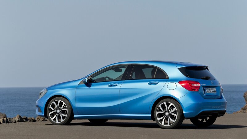 blue mercedes-benz a-class