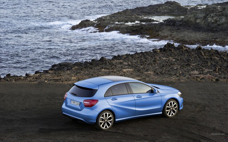 Blue Mercedes-Benz A-Class by the coast