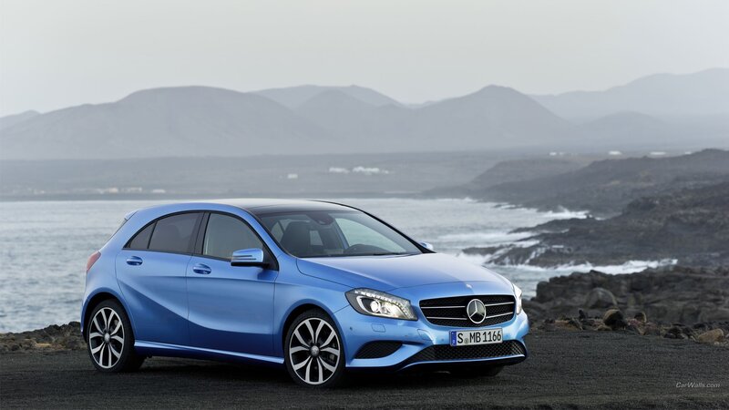 Blue Mercedes-Benz A-Class by the coast