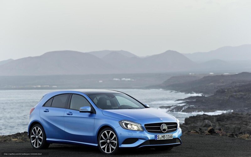 Blue Mercedes-Benz A-Class by the coast
