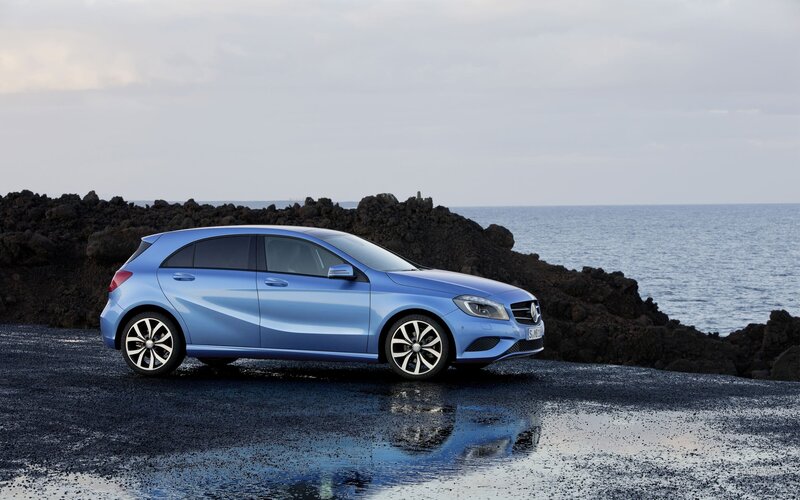 Blue Mercedes-Benz A-Class by the sea