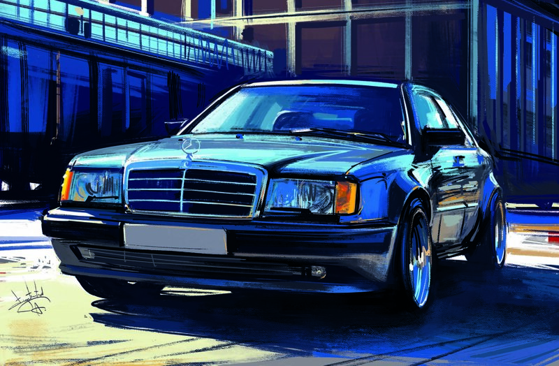 Blue Mercedes-Benz Sedan — Dramatic, Night
