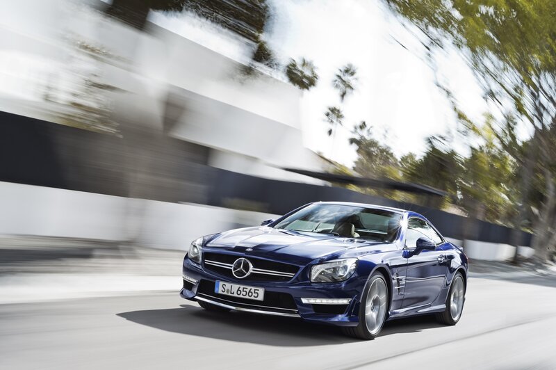 Blue Mercedes-Benz SL63 AMG in motion