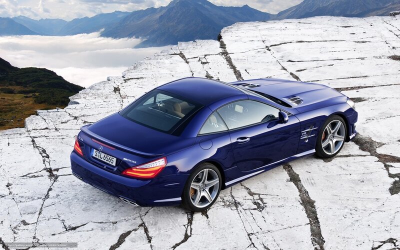 Blue Mercedes-Benz SL65 AMG on mountain