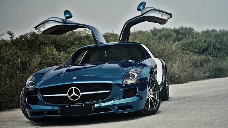 Blue Mercedes-Benz SLS AMG