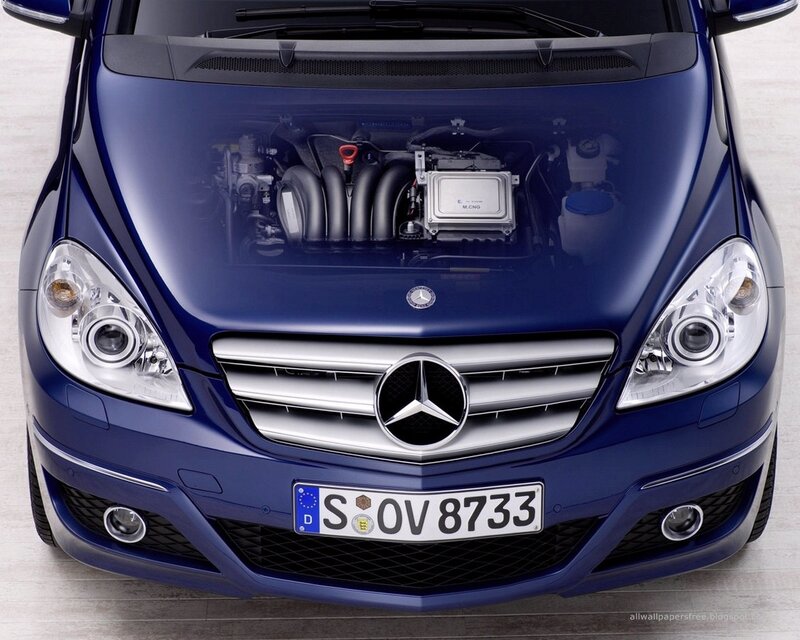 Blue Mercedes-Benz with open hood