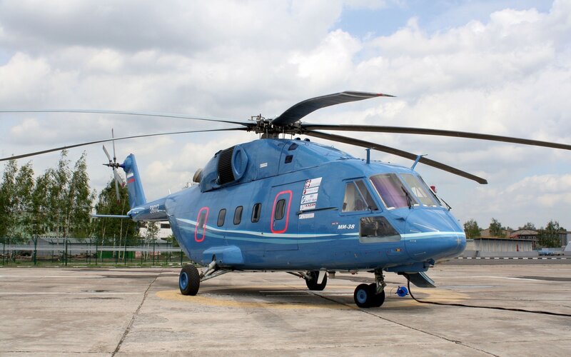 Blue Mi-38 helicopter on tarmac
