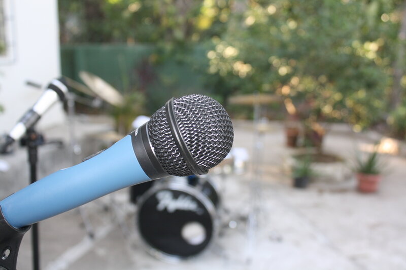 Blue microphone on stand