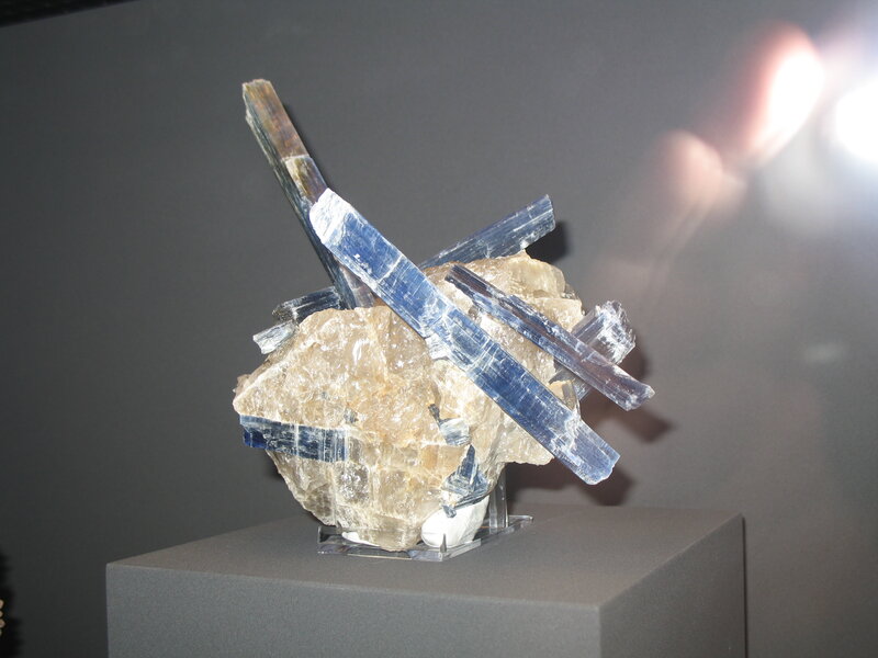 Blue mineral crystals on display