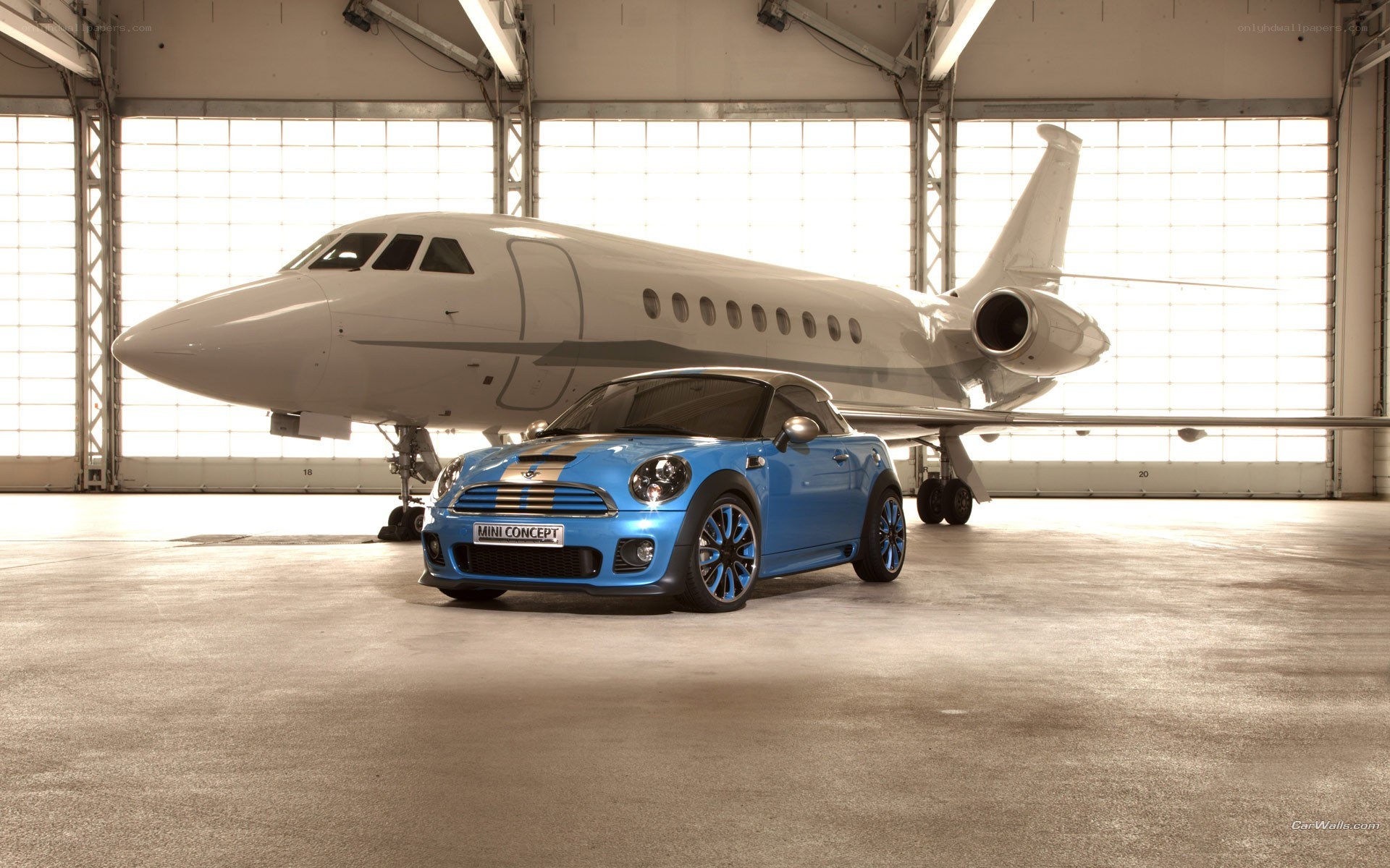 Blue MINI Concept car in hangar