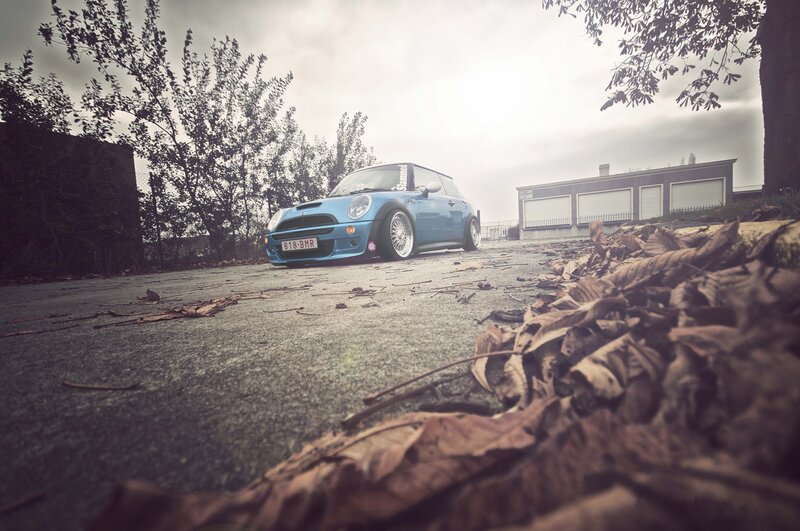 Blue Mini Cooper Car — Dramatic, Autumn, Photograph, Leaves, Trees