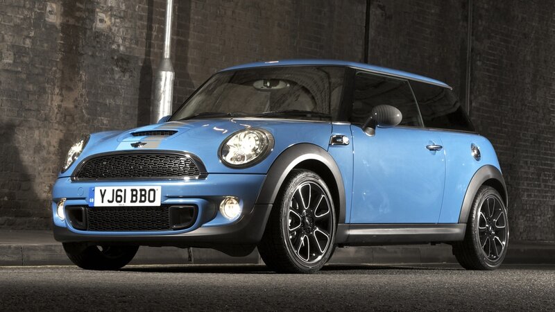 Blue Mini Cooper Car — Dramatic, Night, Photograph, Brick Wall