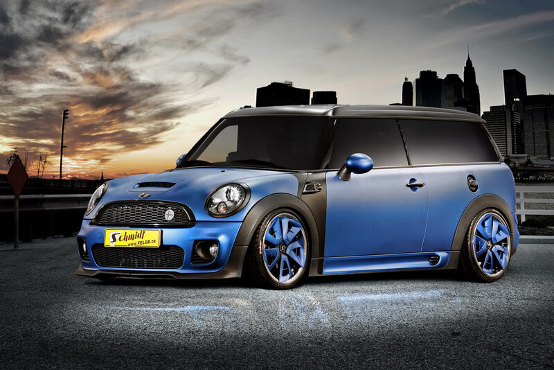 Blue Mini Cooper Car — Dramatic, Sunset