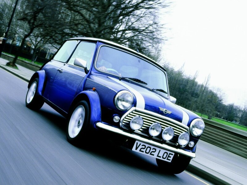 Blue Mini Cooper Car — Dynamic, Photograph, Road, Trees