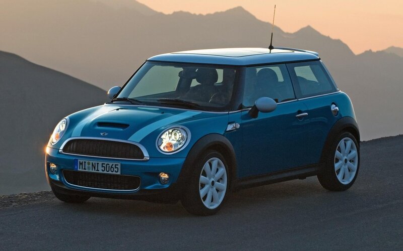 Blue Mini Cooper Car — Serene, Sunset, Photograph, Mountains, Road, Antenna