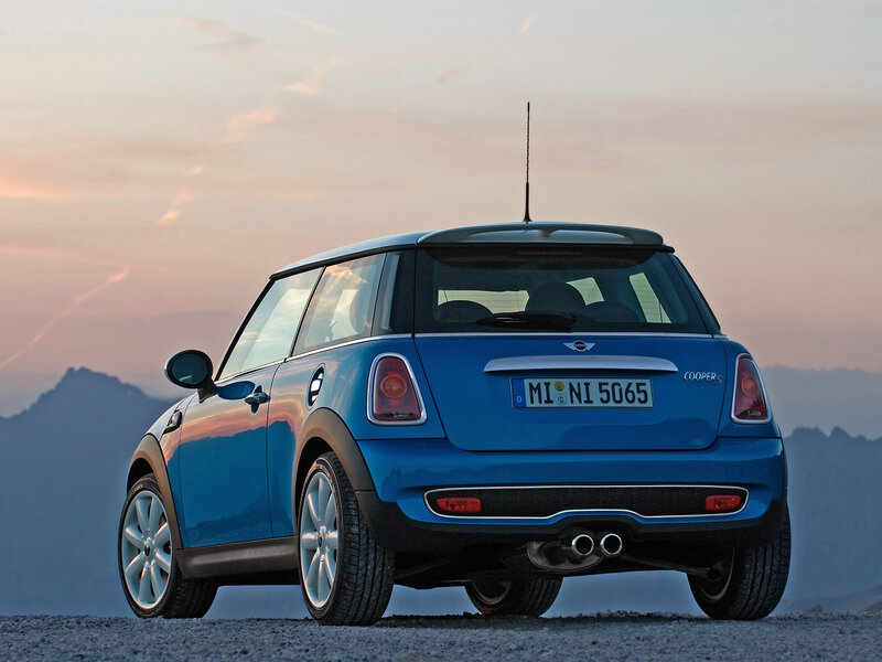 Blue Mini Cooper Car — Serene, Sunset