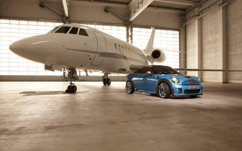 Blue Mini Cooper in hangar