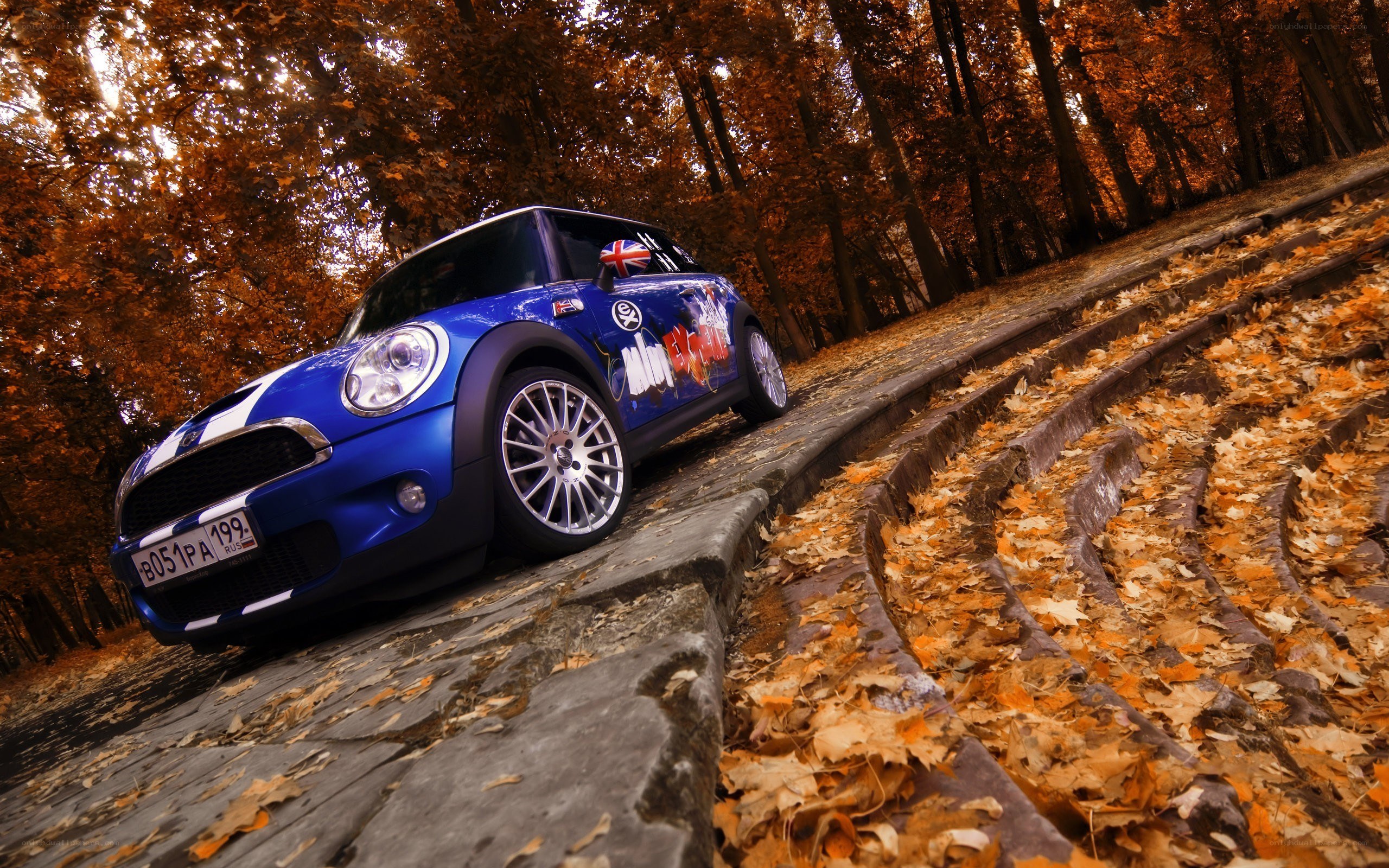 Blue Mini Cooper on autumn road