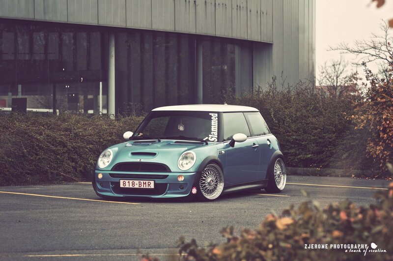 Blue Mini Cooper parked outside