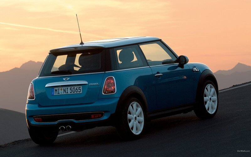 Blue Mini Cooper S at sunset