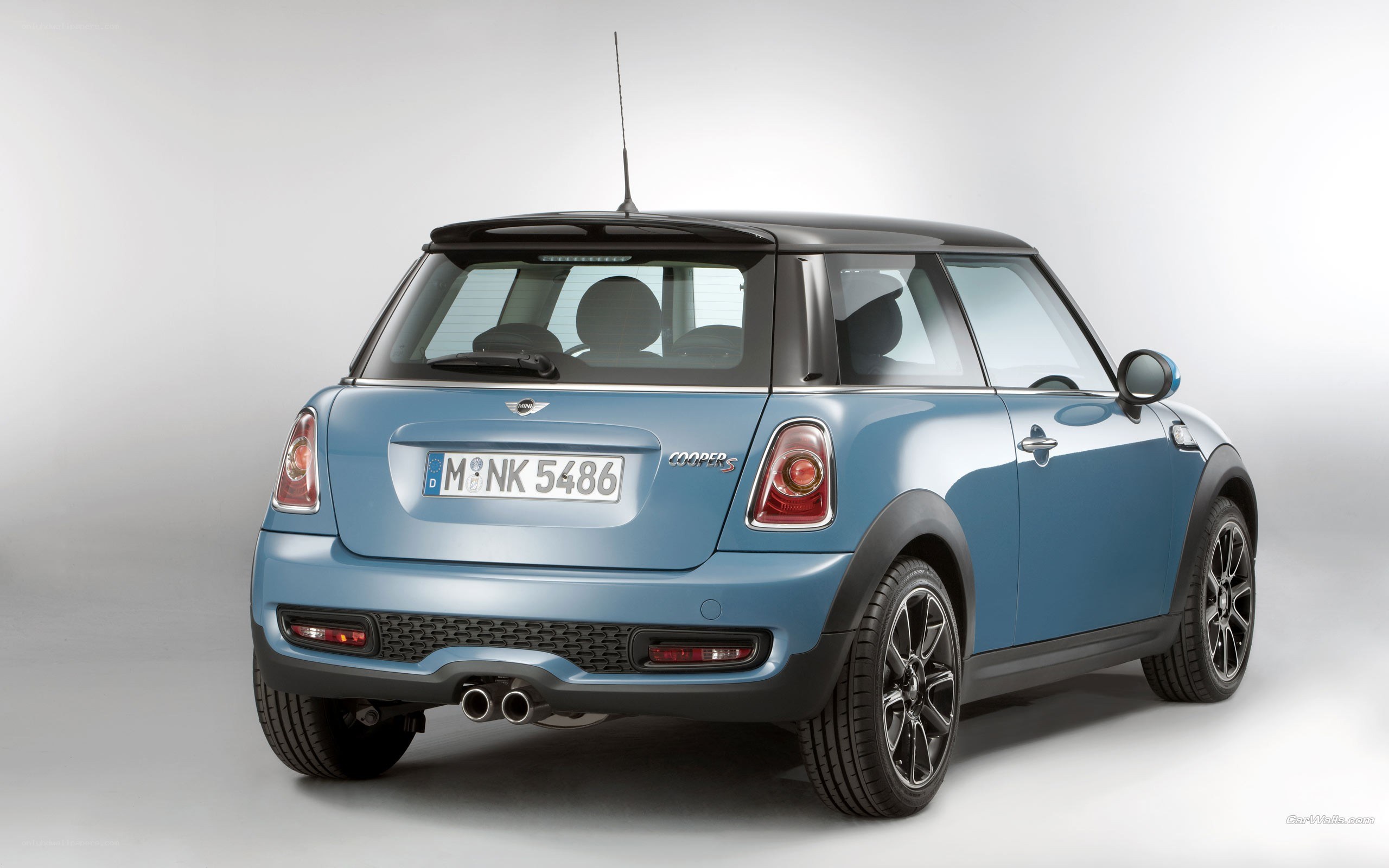 blue mini cooper s rear view